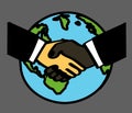 Handshake on the background of the planet. Hands of various people.